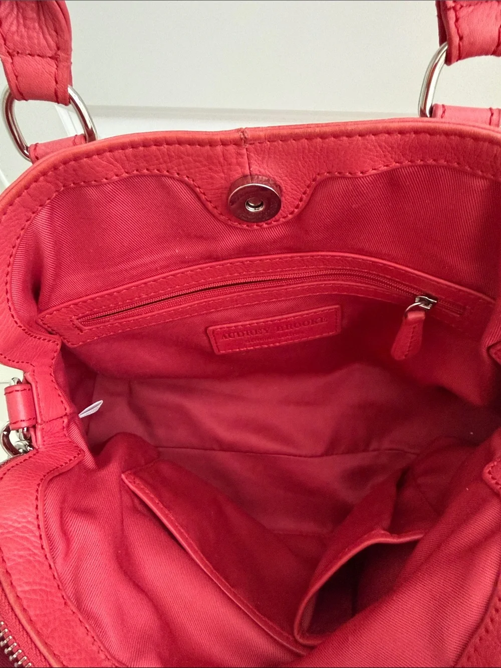 Audrey Brooke Red Leather Satchel with Chain Shoulder Detail